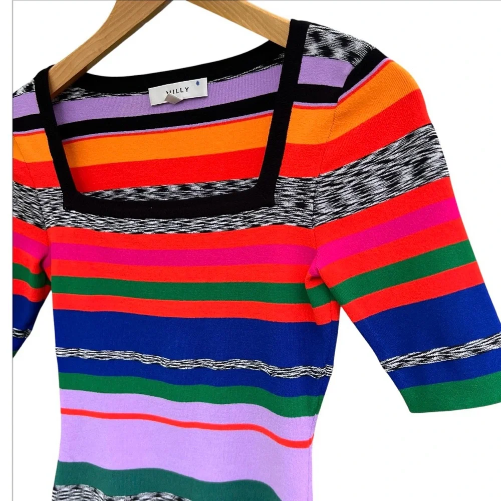 MILLY Rainbow Stripe Square Neck Knit Top ASO Ali Fisher Preppy Academia Sporty - Picture 10 of 17